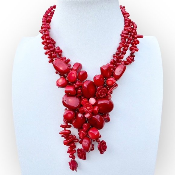 Carved Red Coral Flower Garland Collar 3-Strand Necklace - Picture 3 of 11